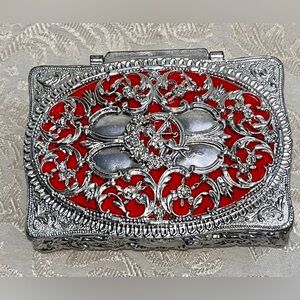 Vintage Hong Kong Ornate Silver Tone Metal Plastic Red Velvet Trinket Box Gift